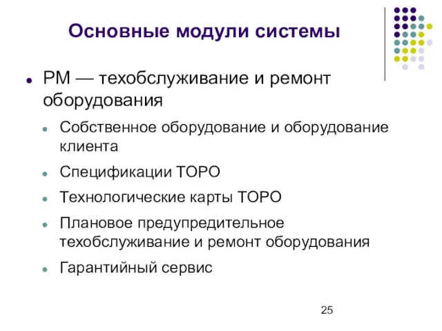 Основные модули системы PM — техобслуживание и ремонт оборудования Собственное