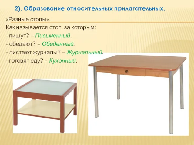 2). Образование относительных прилагательных. «Разные столы». Как называется стол, за которым: - пишут?