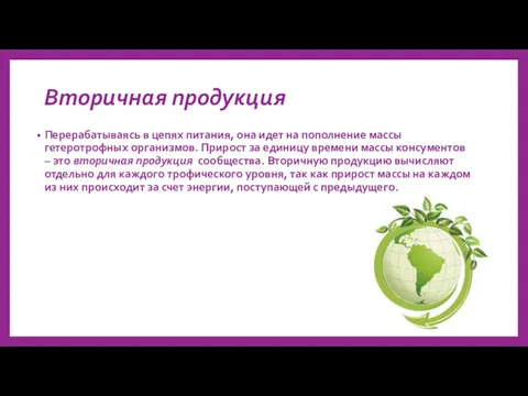 Вторичная продукция Перерабатываясь в цепях питания, она идет на пополнение