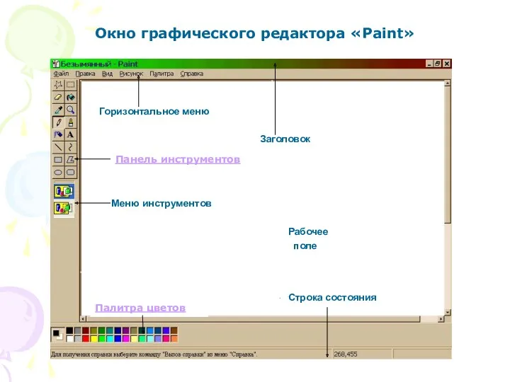 Горизонтальное меню Заголовок Панель инструментов Меню инструментов Рабочее поле Палитра