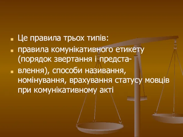 Це правила трьох типів: правила комунікативного етикету (порядок звертання і предста- влення), способи