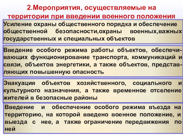 2.Мероприятия, осуществляемые на территории при введении военного положения Усиление охраны