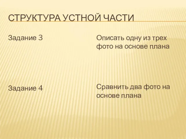 СТРУКТУРА УСТНОЙ ЧАСТИ Задание 3 Задание 4 Описать одну из