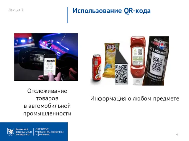 Лекция 3 Использование QR-кода Отслеживание товаров в автомобильной промышленности Информация о любом предмете