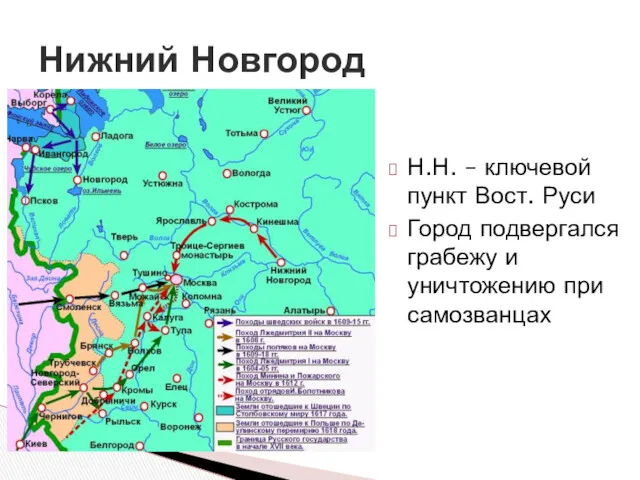 Н.Н. – ключевой пункт Вост. Руси Город подвергался грабежу и уничтожению при самозванцах Нижний Новгород