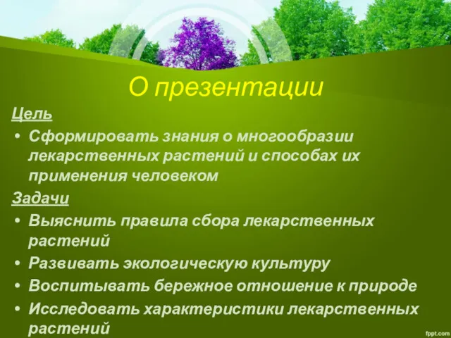 О презентации Цель Сформировать знания о многообразии лекарственных растений и