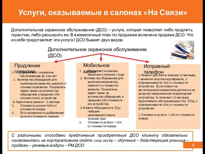 Услуги, оказываемые в салонах «На Связи» Дополнительное сервисное обслуживание (ДСО) Продление гарантии Мобильное