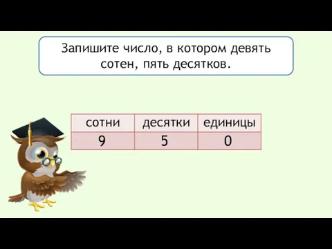 Запишите число, в котором девять сотен, пять десятков. 9 5 0