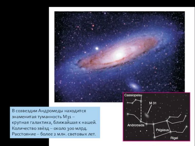 В созвездии Андромеды находится знаменитая туманность М31 – крупная галактика, ближайшая к нашей.