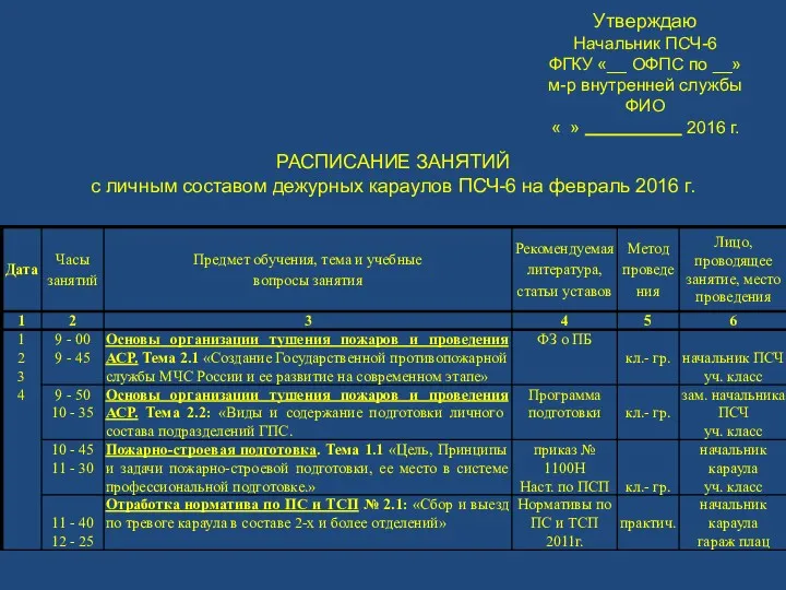 РАСПИСАНИЕ ЗАНЯТИЙ с личным составом дежурных караулов ПСЧ-6 на февраль