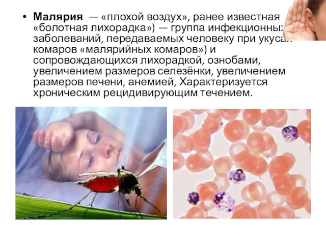 Малярия — «плохой воздух», ранее известная как «болотная лихорадка») —