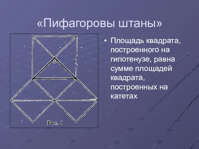 «Пифагоровы штаны» Площадь квадрата, построенного на гипотенузе, равна сумме площадей квадрата, построенных на катетах