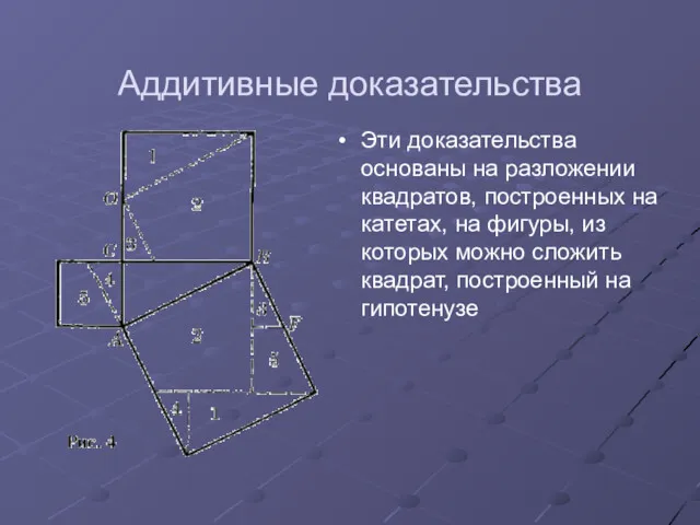 Аддитивные доказательства Эти доказательства основаны на разложении квадратов, построенных на катетах, на фигуры,