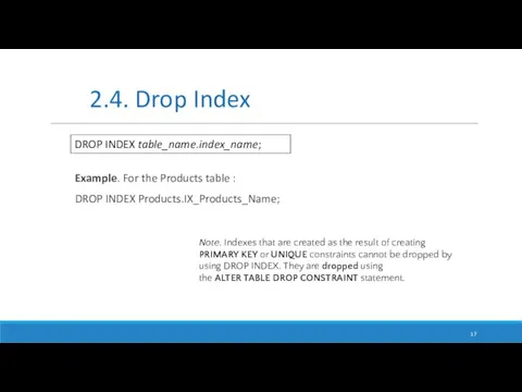 Example. For the Products table : DROP INDEX Products.IX_Products_Name; 2.4. Drop Index DROP