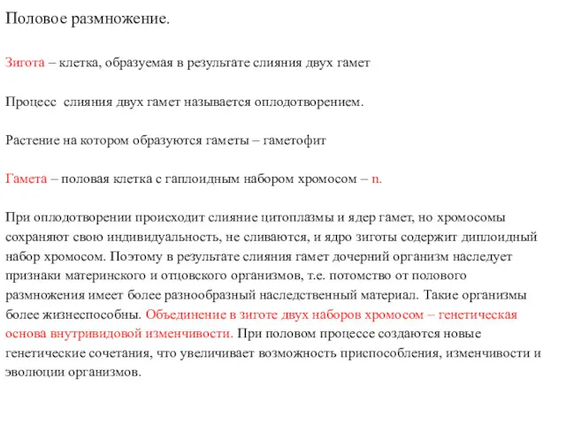 Половое размножение. Зигота – клетка, образуемая в результате слияния двух гамет Процесс слияния