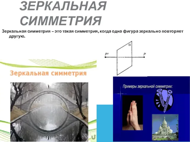 ЗЕРКАЛЬНАЯ СИММЕТРИЯ Зеркальная симметрия – это такая симметрия, когда одна фигура зеркально повторяет другую.