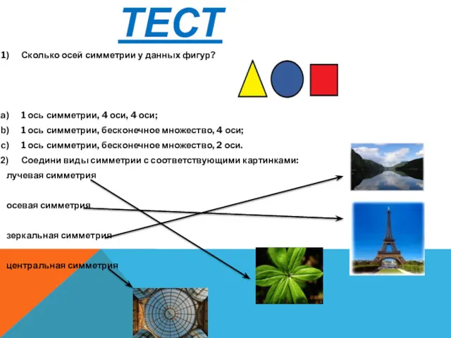 ТЕСТ Сколько осей симметрии у данных фигур? 1 ось симметрии,