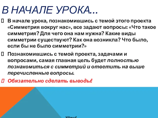 В НАЧАЛЕ УРОКА… В начале урока, познакомившись с темой этого проекта «Симметрия вокруг