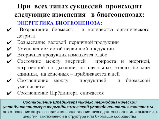 ЭНЕРГЕТИКА БИОГЕОЦЕНОЗА: Возрастание биомассы и количества органического детрита Возрастание валовой