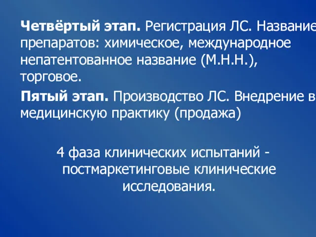 Четвёртый этап. Регистрация ЛС. Название препаратов: химическое, международное непатентованное название