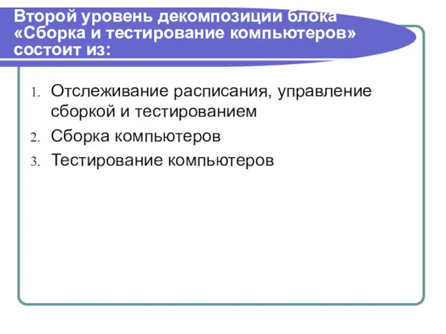 Второй уровень декомпозиции блока «Сборка и тестирование компьютеров» состоит из: