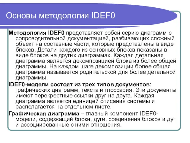 Основы методологии IDEF0 Методология IDEF0 представляет собой серию диаграмм с