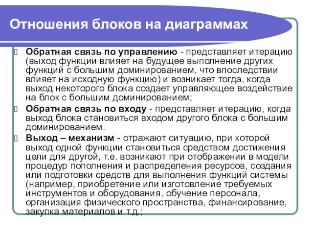 Отношения блоков на диаграммах Обратная связь по управлению - представляет