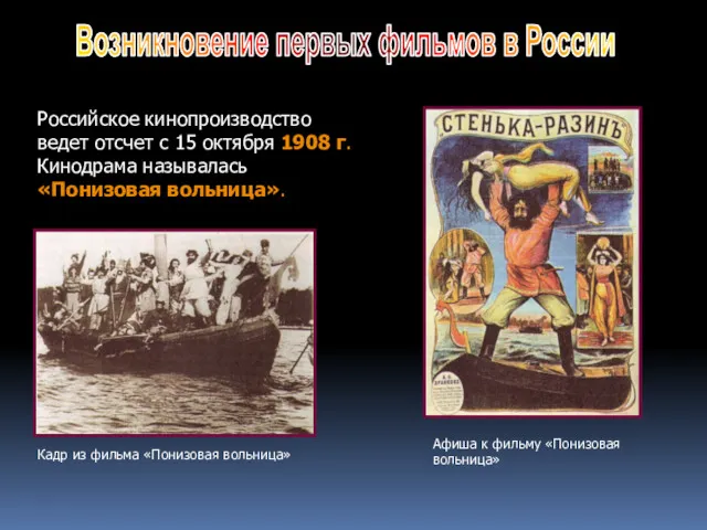 Возникновение первых фильмов в России Российское кинопроизводство ведет отсчет с