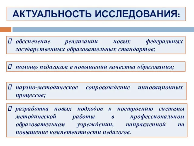 АКТУАЛЬНОСТЬ ИССЛЕДОВАНИЯ: обеспечение реализации новых федеральных государственных образовательных стандартов; помощь педагогам в повышении