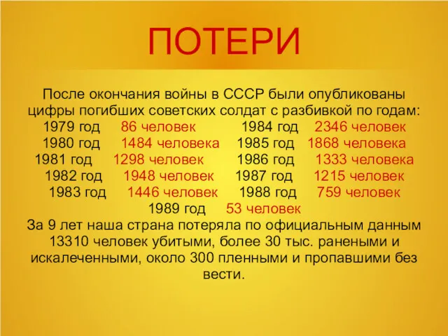 ПОТЕРИ После окончания войны в СССР были опубликованы цифры погибших советских солдат с