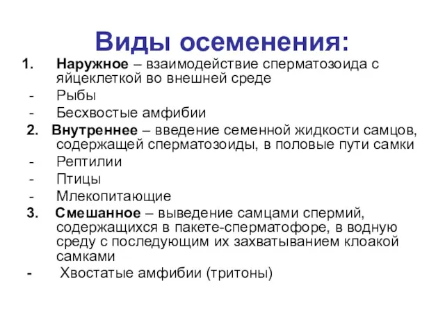 Виды осеменения: Наружное – взаимодействие сперматозоида с яйцеклеткой во внешней среде Рыбы Бесхвостые