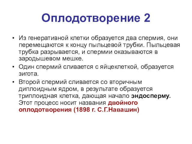 Оплодотворение 2 Из генеративной клетки образуется два спермия, они перемещаются