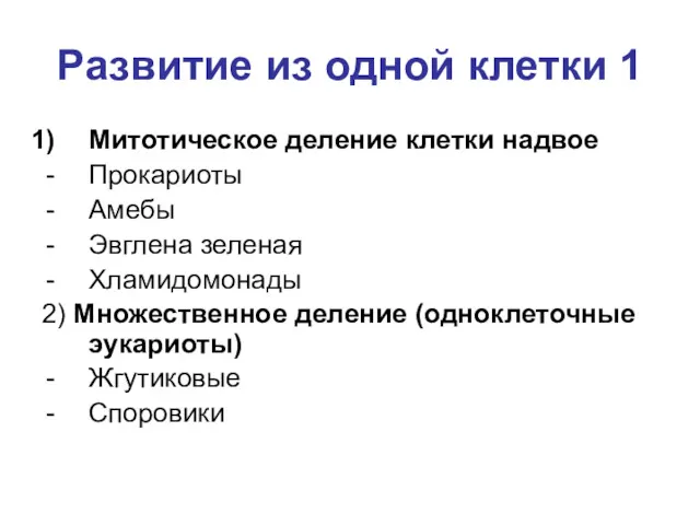 Развитие из одной клетки 1 Митотическое деление клетки надвое Прокариоты Амебы Эвглена зеленая