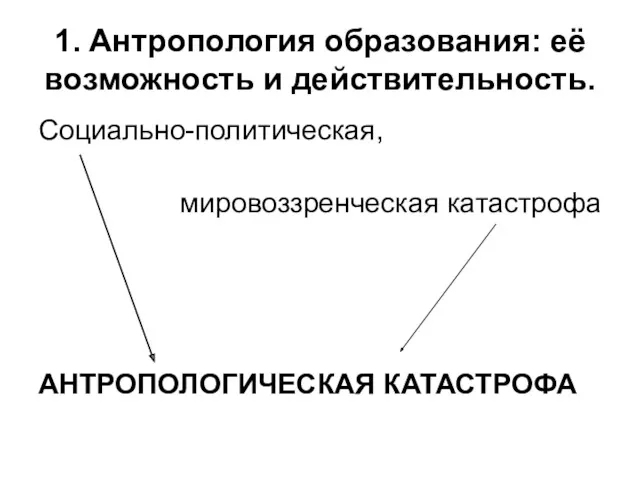 1. Антропология образования: её возможность и действительность. Социально-политическая, мировоззренческая катастрофа АНТРОПОЛОГИЧЕСКАЯ КАТАСТРОФА