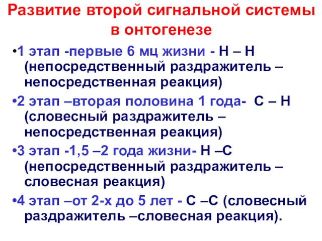 Развитие второй сигнальной системы в онтогенезе •1 этап -первые 6