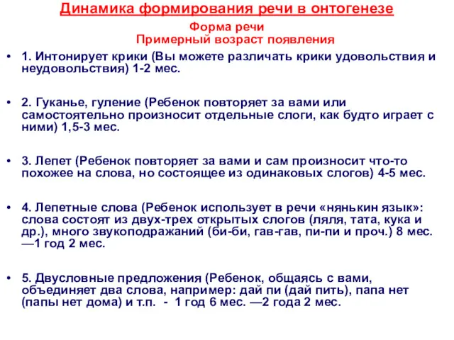 Динамика формирования речи в онтогенезе Форма речи Примерный возраст появления