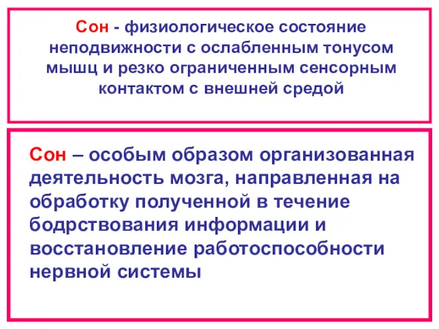 Сон - физиологическое состояние неподвижности с ослабленным тонусом мышц и