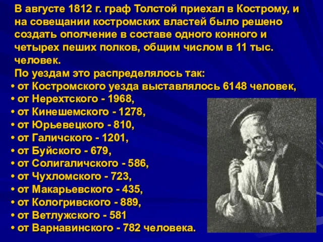 В августе 1812 г. граф Толстой приехал в Кострому, и