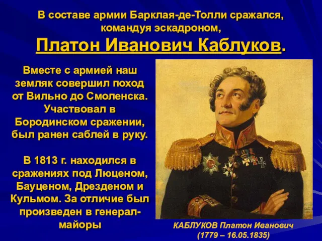 В составе армии Барклая-де-Толли сражался, командуя эскадроном, Платон Иванович Каблуков.