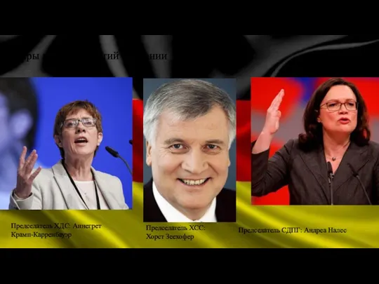 Лидеры ведущих партий Германии Председатель ХДС: Аннегрет Крамп-Карренбауэр Председатель ХСС: Хорст Зеехофер Председатель СДПГ: Андреа Налес
