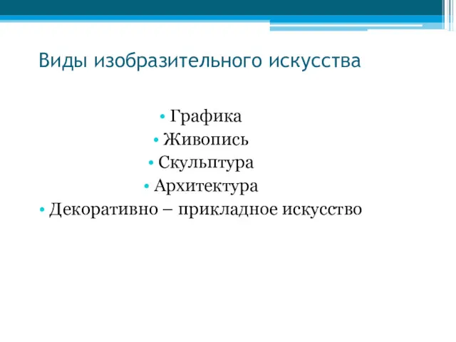 Виды изобразительного искусства Графика Живопись Скульптура Архитектура Декоративно – прикладное искусство