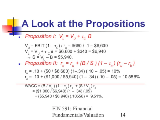 FIN 591: Financial Fundamentals/Valuation A Look at the Propositions Proposition