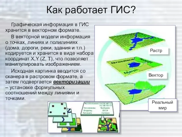 Как работает ГИС? Графическая информация в ГИС хранится в векторном