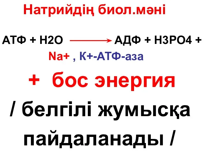 Натрийдің биол.мәні АТФ + Н2О АДФ + Н3РО4 + Nа+ , К+-АТФ-аза +