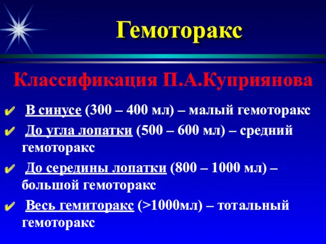 Гемоторакс В синусе (300 – 400 мл) – малый гемоторакс