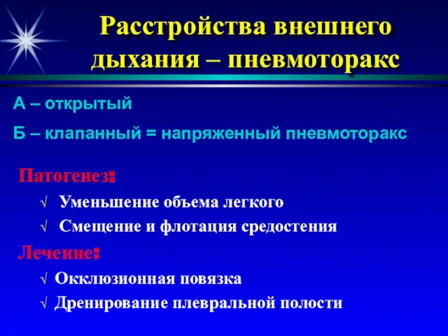 Расстройства внешнего дыхания – пневмоторакс Патогенез: Уменьшение объема легкого Смещение