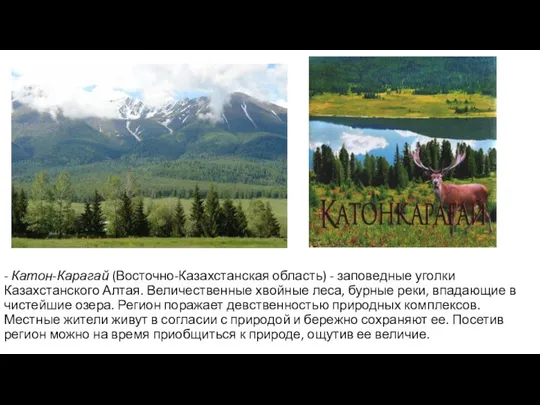 - Катон-Карагай (Восточно-Казахстанская область) - заповедные уголки Казахстанского Алтая. Величественные хвойные леса, бурные