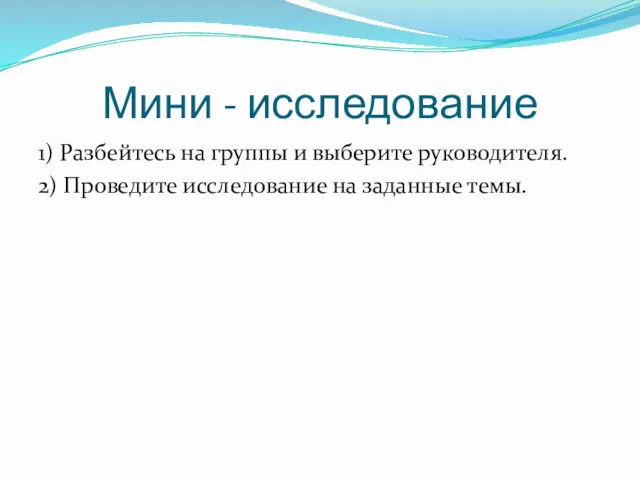 Мини - исследование 1) Разбейтесь на группы и выберите руководителя. 2) Проведите исследование на заданные темы.