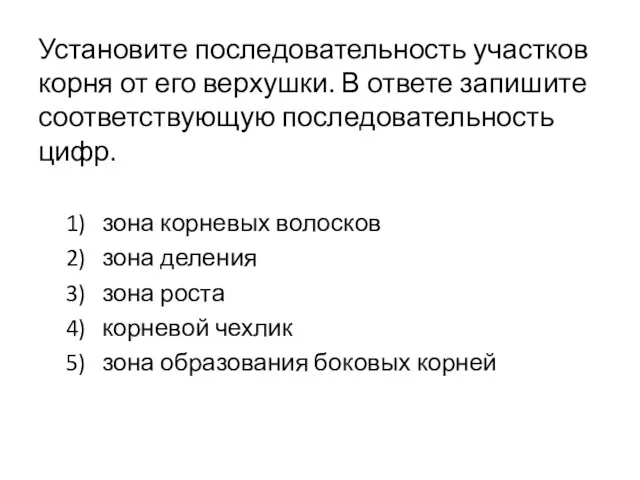 Установите последовательность участков корня от его верхушки. В ответе запишите