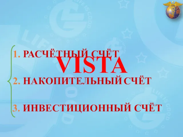 VISTA 1. РАСЧЁТНЫЙ СЧЁТ 2. НАКОПИТЕЛЬНЫЙ СЧЁТ 3. ИНВЕСТИЦИОННЫЙ СЧЁТ